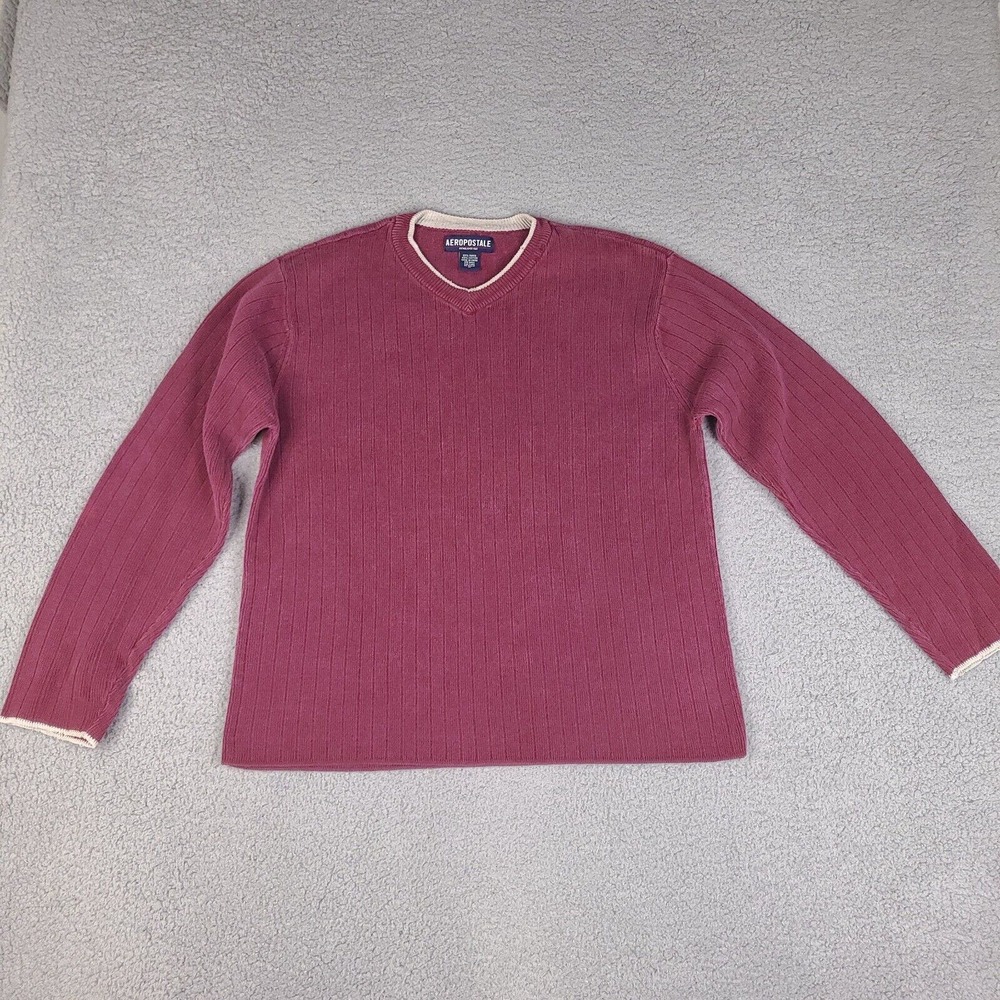 Vintage Aeropostale Sweater Mens Medium Red Burgundy V-Neck Long Sleeve Pullover